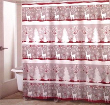 Avanti Linens CHRISTMAS DEER Fabric Shower Curtain Cottage Red Silver Gray New - $26.00