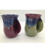 HANDMADE Thumb Grip Pottery Mugs PAIR Multicolor Glaze Ceramic Artisan Cups - €19,89 EUR