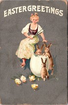 Fantasy Easter Greetings Rabbit Chicks Exaggerated Egg 1921 DB Postcard L12 - $9.85