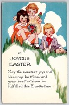 Easter Greetings Three Little Girls Grassy Hill Flowers Whitney Postcard L22 - $4.95