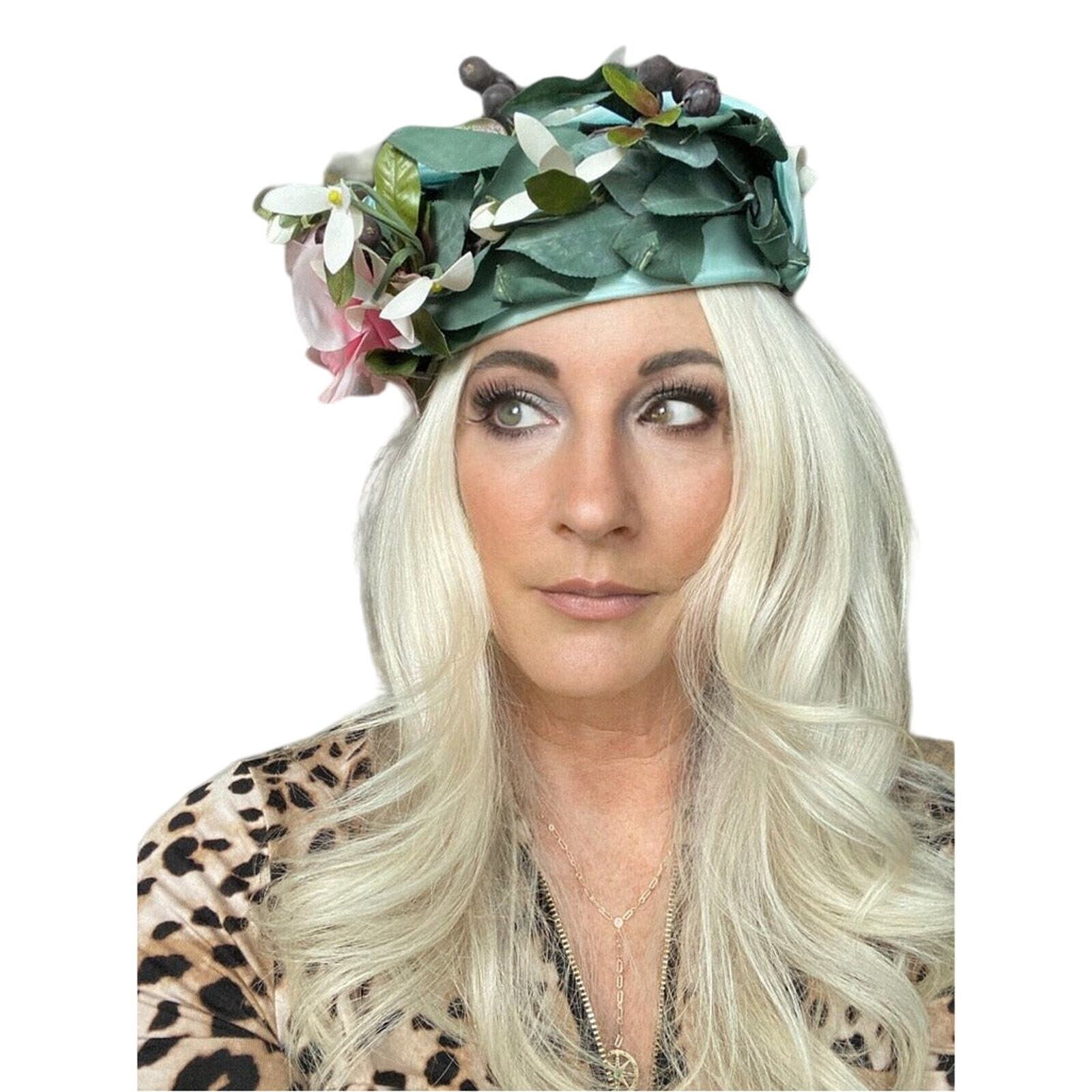 Don Anderson Womens Hat Garden Party 1940s Pillbox Blue Pink Flowers Blueberries Item image 2