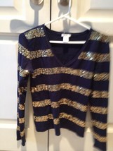 Navy Blue Shirt With Gold Sequin Stripes V Neck Long Sleeve Size Large By Cache - £39.95 GBP