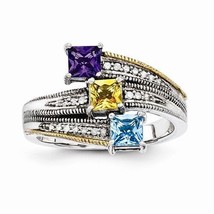 Sterling Silver &amp; 14k Genuine Diamond &amp; Cr. Gemstone Customizable Mother&#39;s Ring - $130.89+