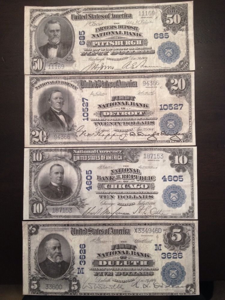 Primary image for Reproduction Set 1902 National Bank Notes $5, $10, $20, $50 Bills Assorted Banks