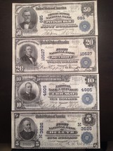 Reproduction Set 1902 National Bank Notes $5, $10, $20, $50 Bills Assorted Banks - £10.94 GBP