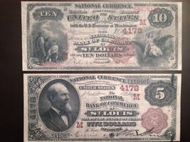 Reproduction Pair $5 &amp; $10 Bills National Bank Note 1882 St Louis Brown Backs - £4.57 GBP