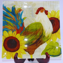 LARGE Rooster Serving Platter Glass 11 1/2&quot; By 11 1/2&quot; Big Colorful Bold Platter - $13.08