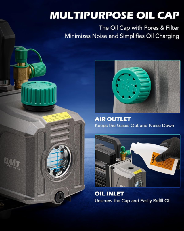 thumbnail image 2 of 3/4 HP 7.2 CFM 2-Stage HVAC Vacuum Pump & 4-Way AC Manifold Gauge Set With 5ft Hoses – 110V 2 of 3