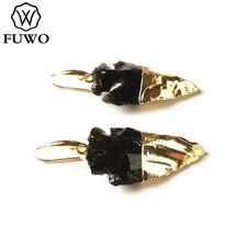 Female Elegant Arrowhead Ear Plugs Dangle Gold Trimmed Black Obsidian Earrings F - £55.86 GBP