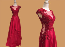 Rosyfancy Burgundy Illusion Sexy Back Cutaway Sides Lace Chiffon Evening Dress - £129.96 GBP