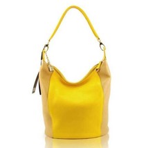 GUIA&#39;S Italian Made Natural Yellow &amp; Beige Calf Leather Designer Bucket Hobo Bag - £270.63 GBP