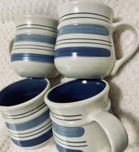 Pfaltzgraff Rio Coffee Mugs 3-3/8&quot; D x 3-7/8&#39; (4) Blue Striped Heavy Stoneware - £23.12 GBP