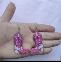 Western Theme Pink Cowboy Boots Drop Earrings for Women Acrylic 2&quot; NWT Rodeo Gal - £9.34 GBP
