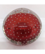 Vintage Clear Glass Red Sphere Bubbled Art Round 2.5&quot; Tall Paperweight - $12.86