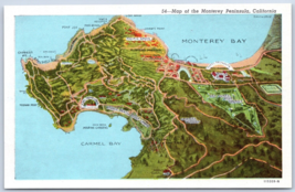 Map of Monterey Peninsula Monterey California CA UNP Unused Linen Postcard M8 - £2.29 GBP