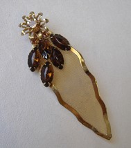 Flower Leaf Brown Amber Rhinestone Pin Brooch Wire Mesh Gold Tone Metal Vintage - £39.50 GBP