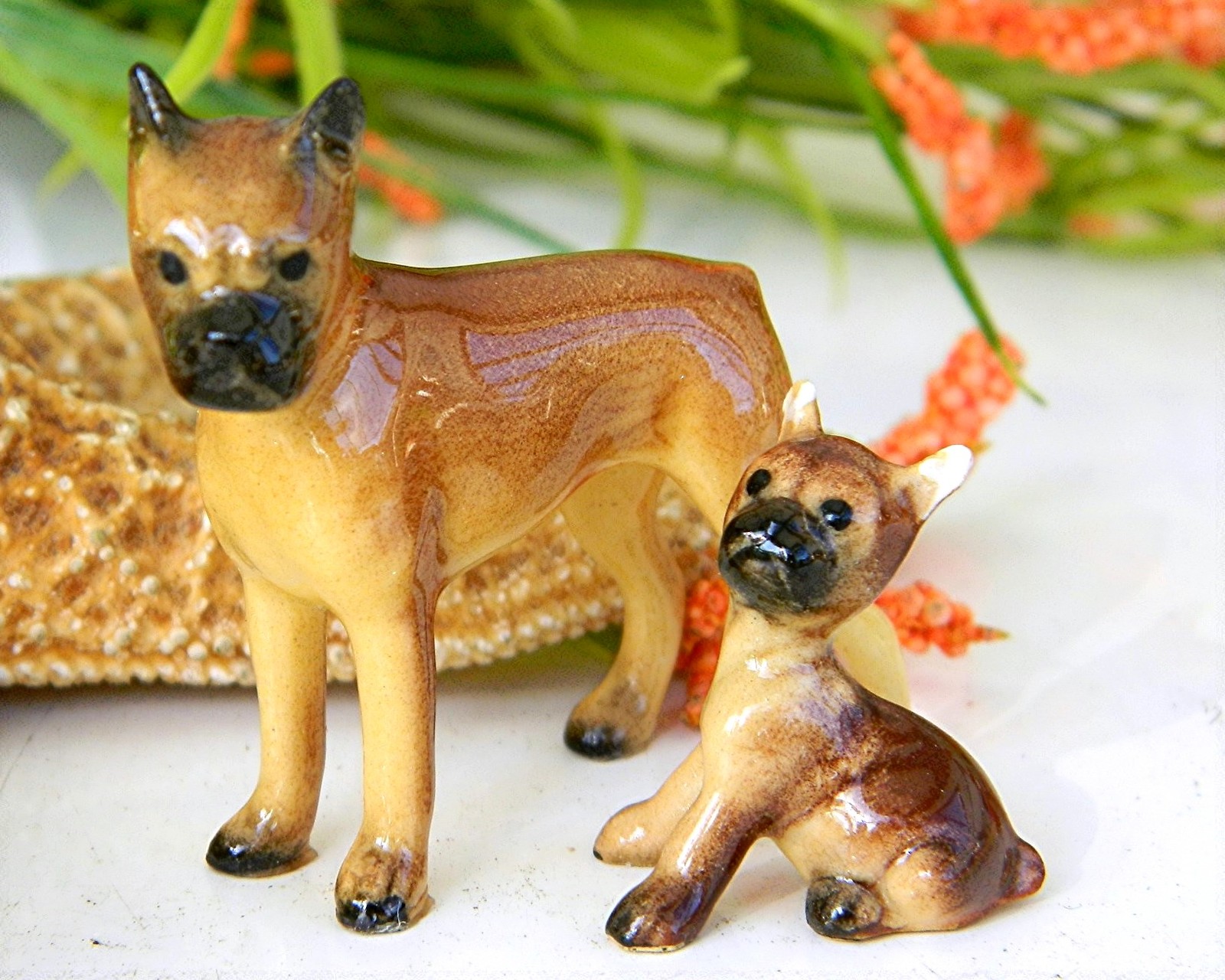 Primary image for Vintage Hagen Renaker Dogs Boxer Mama 283 Puppy Taped Ears 284