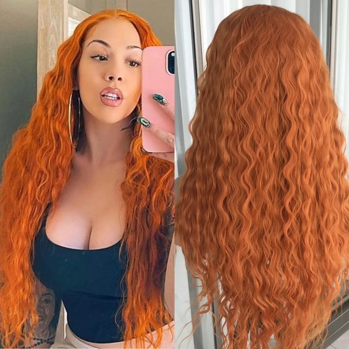 Deep Curly Lace Front Wig Ginger Glueless Long Curly Blonde Synthetic Lace Wigs - £64.67 GBP