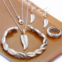 925 Silver Feather Necklace Bracelet Earrings Ring Fashion Jewelry Sets - $21.99