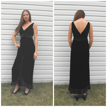 60s Black Velvet Cocktail Dress Long Sleeveless Vintage Formal Party S M Ruffle  - £39.32 GBP