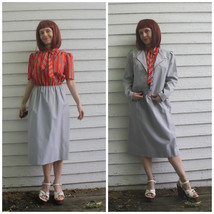 Vintage Secretary Dress 70s Red Bow Gray Striped Print Librarian S M - £23.05 GBP