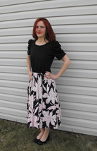 Black Pink Floral Print Cotton Dress Vintage 80s Ruched Tulle Rockabilly Retro X - £23.59 GBP