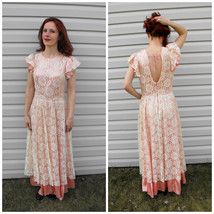 Satin Lace Formal Gown 60s Party Dress Pink Ivory 1960s Vintage Open Back - £63.92 GBP