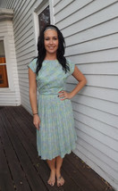 Vintage 50s Dress Print Pleated Blue Green Sheer S XS - £31.59 GBP