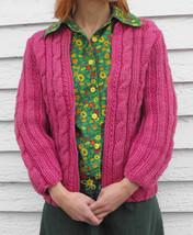 Vintage Pink Sweater Cable Knit Cardigan Thick Heavy XS S - £11.73 GBP