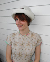 Vintage Hat Summer Sun Country Picnic Ivory Navy Ribbon M - £14.30 GBP