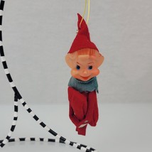 Vintage Elf Pixie Sprite Xmas Ornament Knee Hugger Felt Plastic Face 4&quot; - £19.46 GBP