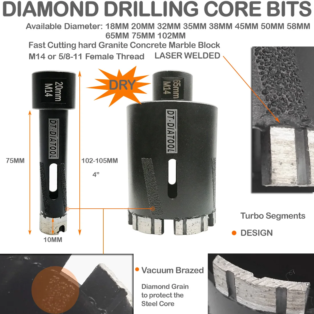 SHDIATOOL 2pcs Dia 18mm  Laser Welded  Dry Drilling Core Bits for Granite Marbel - £207.05 GBP