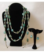 Jade Beaded Earrings Necklace Set Handmade Belt Lariat Tie Silver Metal ... - £155.87 GBP