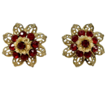 Vintage Gold Filigree Screw-Back Earrings with Red Sones and Seed Pearls - $23.74