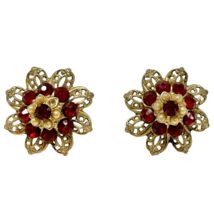 Vintage Gold Filigree Screw-Back Earrings with Red Sones and Seed Pearls - £18.59 GBP