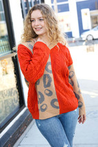 Call on Me Rust &amp; Taupe Animal Print Cable Knit Color Block Sweater - £18.76 GBP