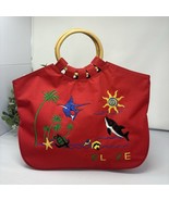 Women’s Bag Embroidered Red Belize Beach Design Wooden Handles Vacation ... - £18.21 GBP