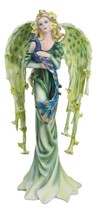 Beautiful Green Fairy With Colorful Flowers Carrying A Blue Peacock Figurine - £39.95 GBP
