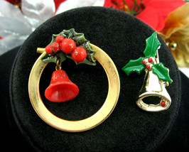 Pair Of Bell Brooches Vintage Christmas Pin 2 Red Green Holly Berries Goldtone - £10.22 GBP