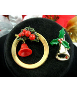 PAIR of BELL BROOCHES Vintage Christmas Pin 2 Red Green Holly Berries Go... - £10.21 GBP