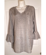 Como Blu V-Neck 3/4 Sleeve Ruffle Cuff Embellished Gray Top Blouse Size G/L - $6.64