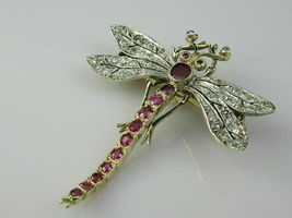 Red Ruby &amp; Diamond Antique Old Mine Dragonfly Brooch in 14K Two Tone Gold Over - $172.22