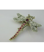 Red Ruby &amp; Diamond Antique Old Mine Dragonfly Brooch in 14K Two Tone Gol... - $235.54 CAD