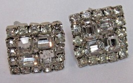 Mid Century Square Geometric Style Crystal Clear Ice Rhinestone Clip-on Earrings - £7.98 GBP