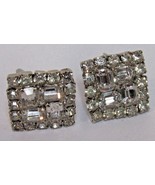 Mid Century Square Geometric Style Crystal Clear Ice Rhinestone Clip-on ... - £7.86 GBP