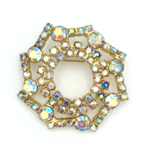 AURORA BOREALIS rhinestone vintage snowflake pin - gold-tone AB glittery brooch - £14.16 GBP