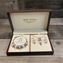Bella Perlina Charm Slide Bead Bracelet Necklace Earrings Set Pink Silver Pearl - £19.85 GBP