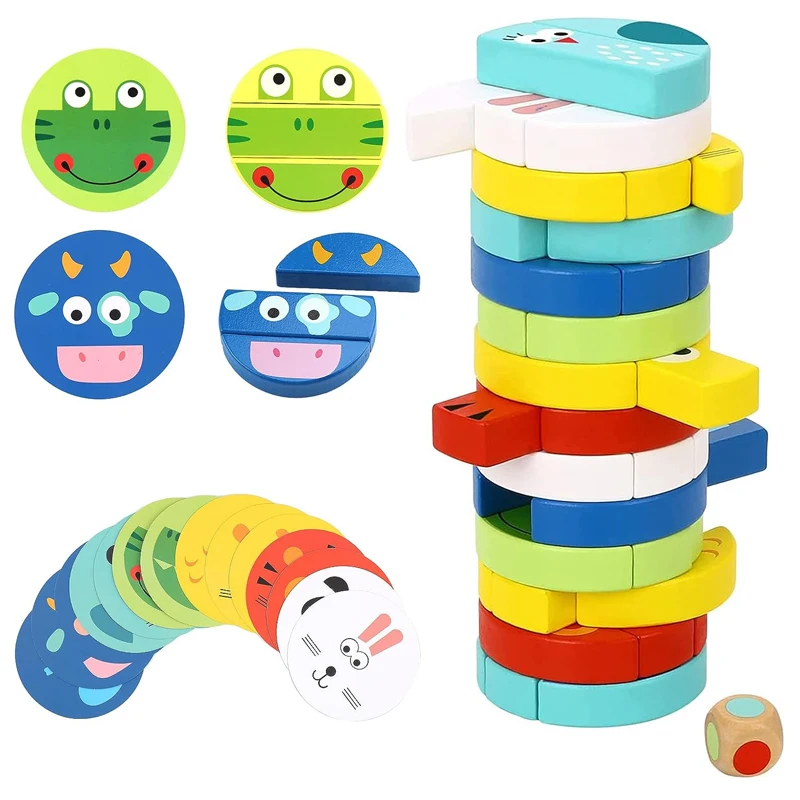 Kids Wooden Blocks Stacking Board Games Toddlers Tumbling Tower Balance Toy with - £32.04 GBP