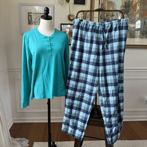 L.L. Bean Pajama Set Plaid Flannel Bottoms Henley Top Blue XL - $576.93 MXN