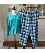 L.L. Bean Pajama Set Plaid Flannel Bottoms Henley Top Blue XL - $576.93 MXN